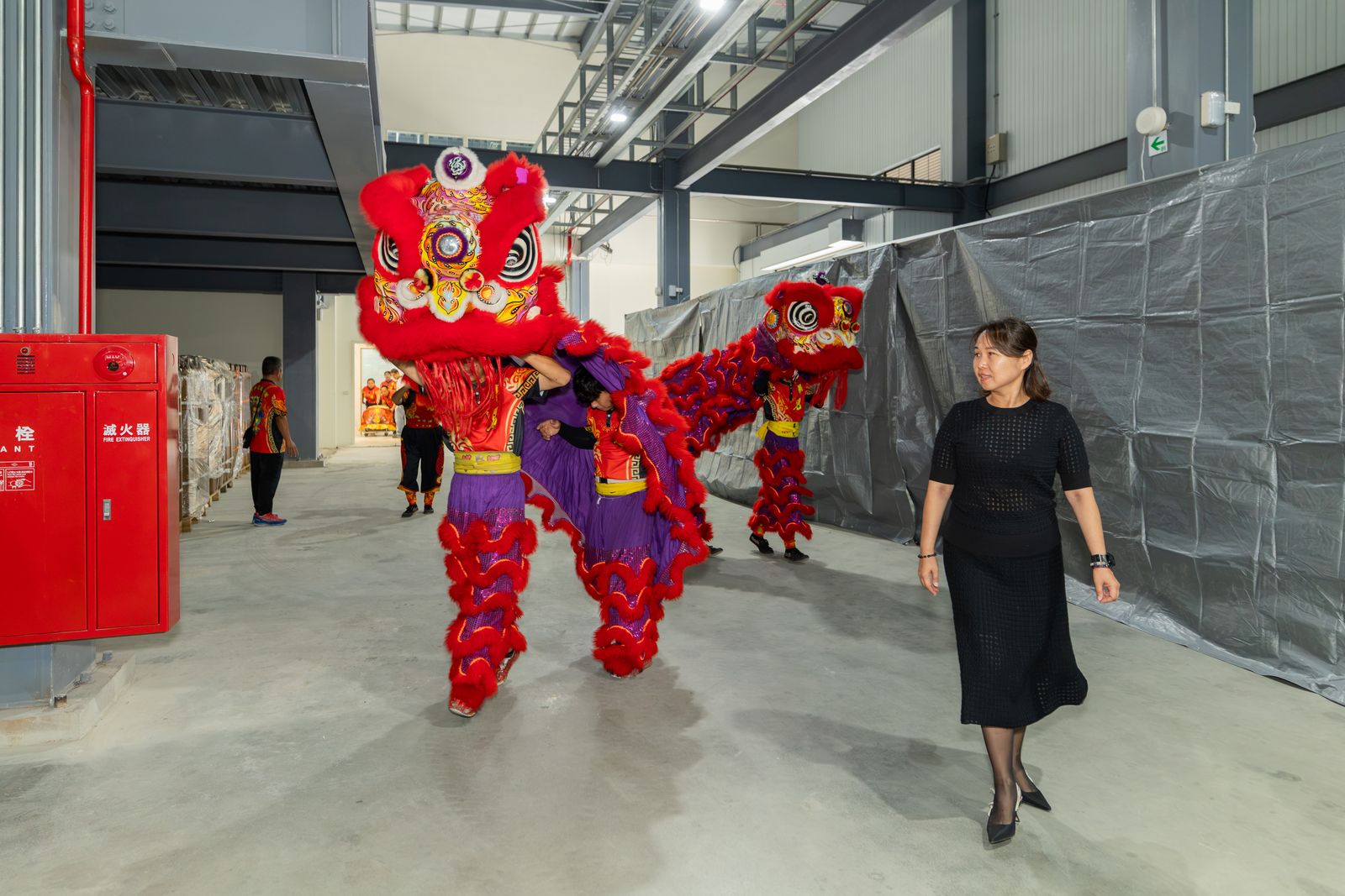 Lion dance inside the new plant